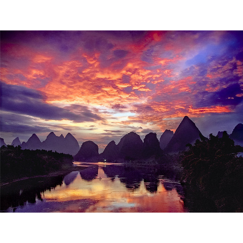 Whole Guilin Scenery Wall Mural Modern Picturesque Evening Glow Wall Art in Orange-Purple