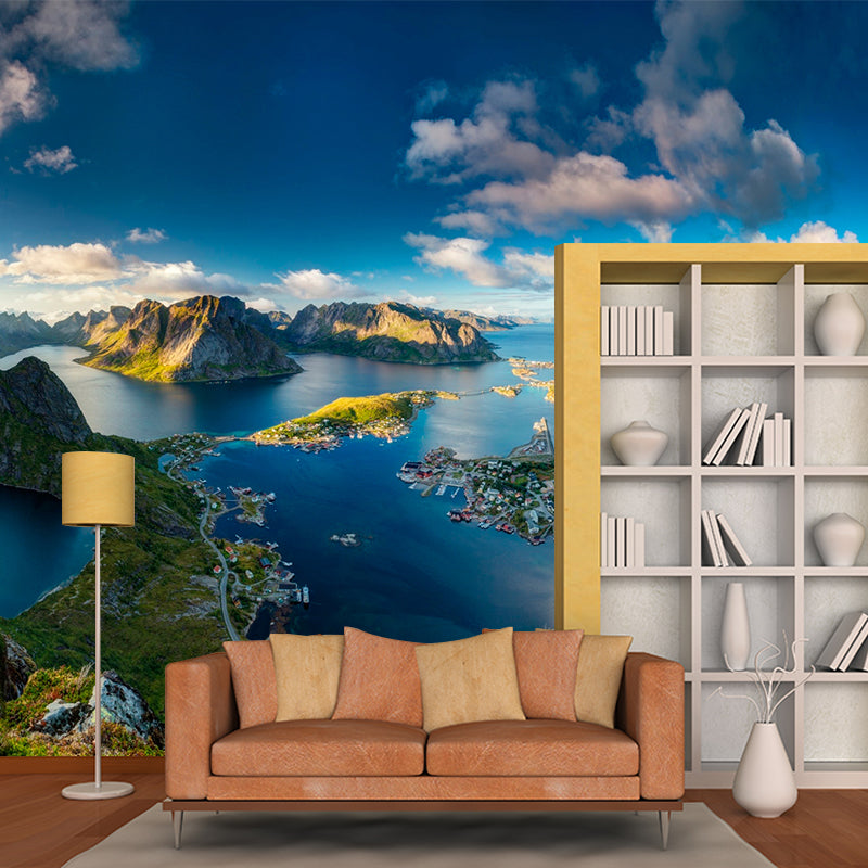 Aerial View Coastal Mountains Mural Contemporary Non-Woven Wall Art in Blue-Green