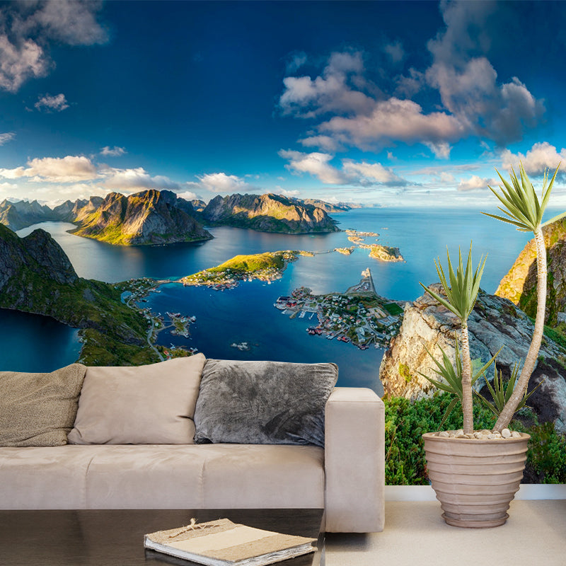 Aerial View Coastal Mountains Mural Contemporary Non-Woven Wall Art in Blue-Green