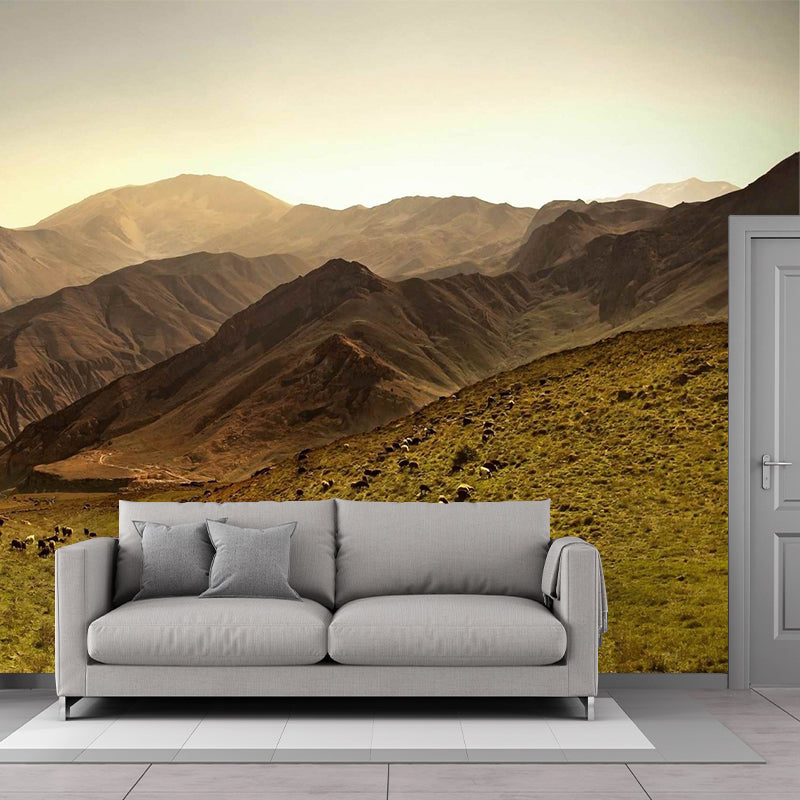 Non-Woven Stain Resistant Mural Modern Herd of Sheep in the Mountains Wall Art in Brown