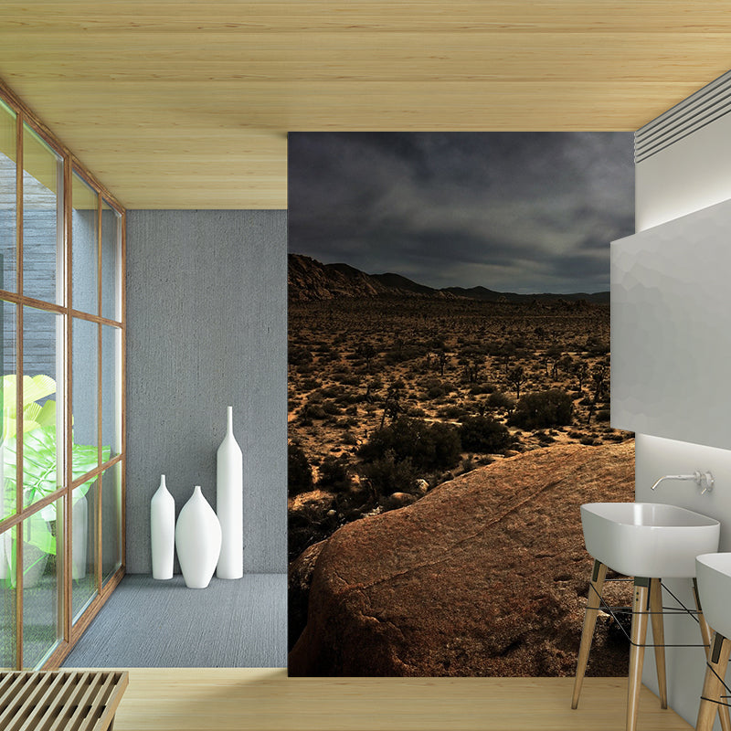 Desert Plants with Stone Mural Brown Modern Style Wall Covering for Accent Wall, Size Optional