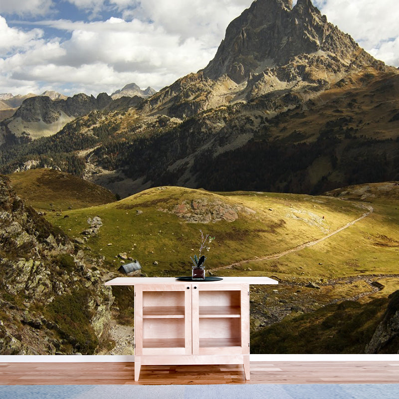 Contemporary Mountain Hiker Wall Mural in Brown Stain Resistant Wall Decor for Home