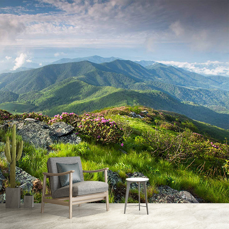 Personalized Photo Print Modern Mural with Spring Scenery at Mountain Peak Pattern in Green