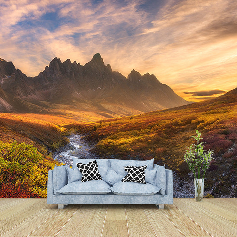 Modern Sunset Mountain Landscape Mural Brown Autumn Meadows and Drying River Wall Art