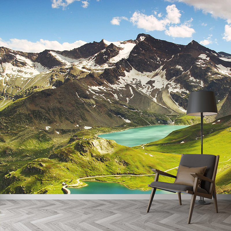 Green Plateau Lakes Scene Mural Wallpaper Moisture Resistant Wall Art for Hallway