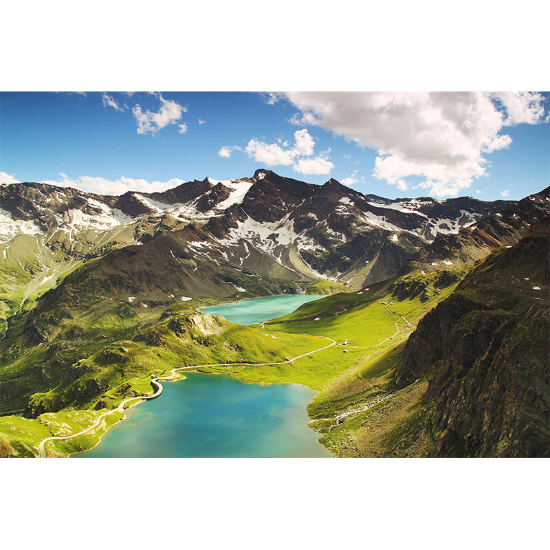 Green Plateau Lakes Scene Mural Wallpaper Moisture Resistant Wall Art for Hallway