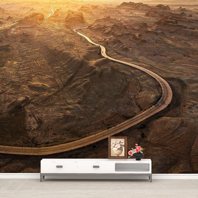 Contemporary Wilds Curved Road Mural Brown Sunset Landscape Wall Decor for Bedroom