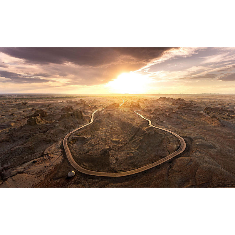 Contemporary Wilds Curved Road Mural Brown Sunset Landscape Wall Decor for Bedroom