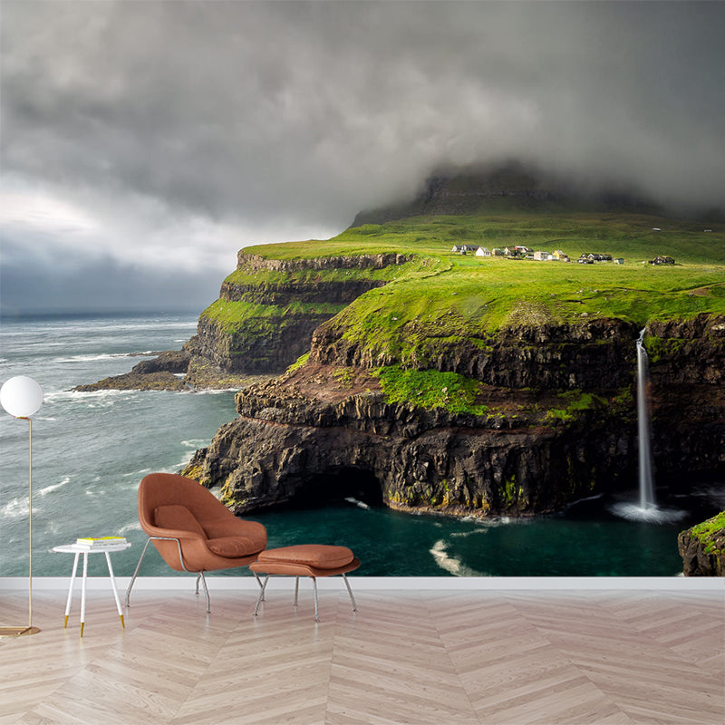 Scandinavian Scenery Wallpaper Mural Grey Sky with Meadow Seashore Wall Covering