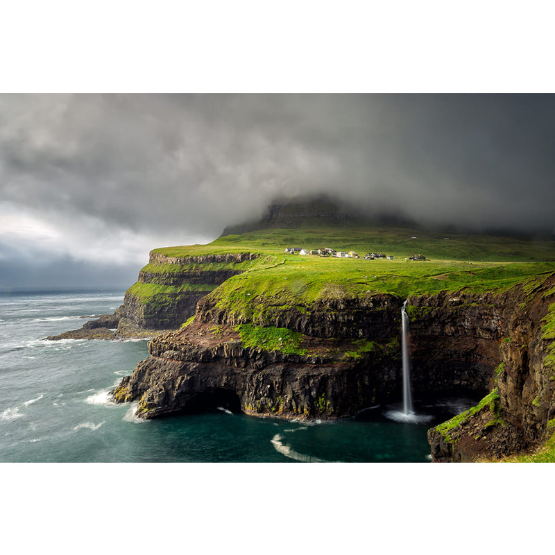 Scandinavian Scenery Wallpaper Mural Grey Sky with Meadow Seashore Wall Covering