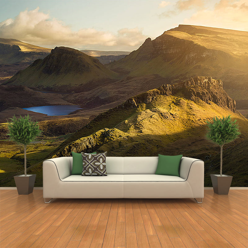 Full Size Backlit Mountain Mural Modern Enchanting Scenery During Sunset Wall Art in Brown