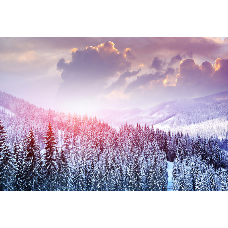 Pink Winter Cypress Mountain Mural Decal Stain Resistant Wall Covering for Accent Wall