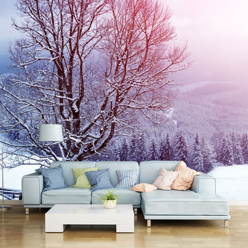 Pink Mountainside Trees Wallpaper Mural Snow Landscape Modern Stain-Proof Wall Art
