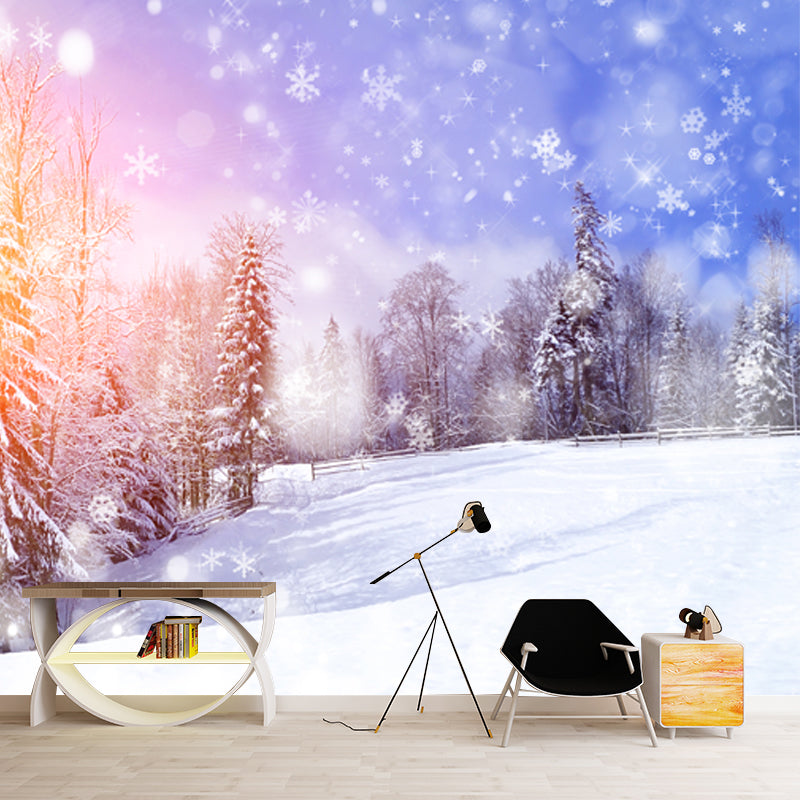 Winter Forest with Snowflake Mural Modern Non-Woven Wall Covering in Blue for Home