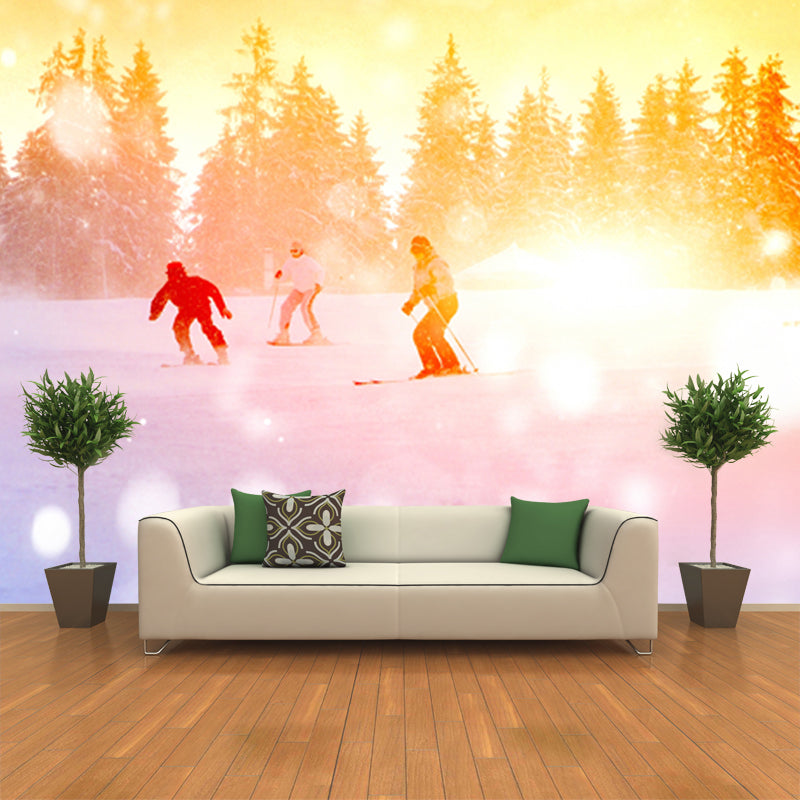 Lovely Kids Snow Skiing Mural Wallpaper for Bedroom, Yellow-Blue, Made to Measure