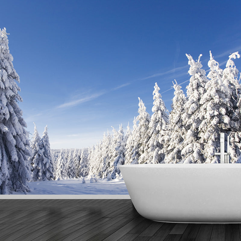 Contemporary Winter Cypress Mural Blue Snowy Scenery Wall Covering for Accent Wall