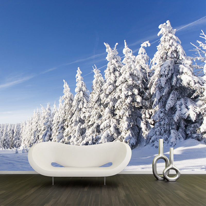 Contemporary Winter Cypress Mural Blue Snowy Scenery Wall Covering for Accent Wall