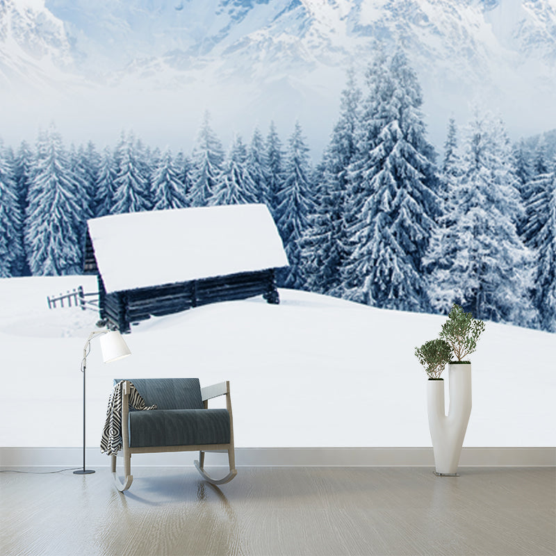Lonely Forester Cabin Mural Wallpaper for Home Snowy Mountain Landscape Wall Covering, Custom Made