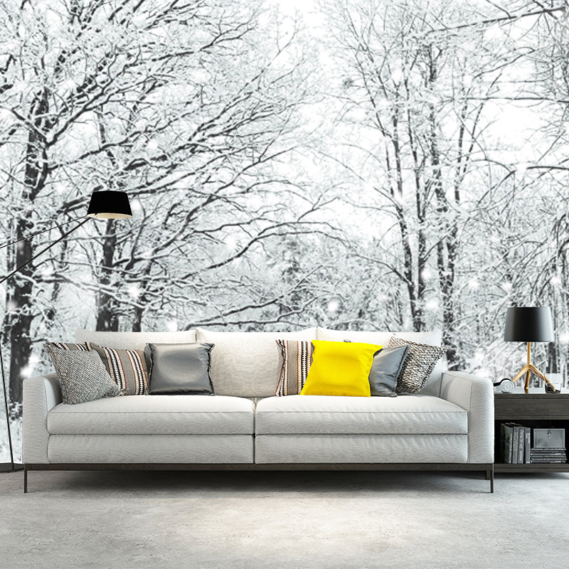 Custom Photo-Print Modern Mural with Bare Trees and Snow Landscape Pattern in White