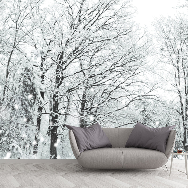 Custom Photo-Print Modern Mural with Bare Trees and Snow Landscape Pattern in White