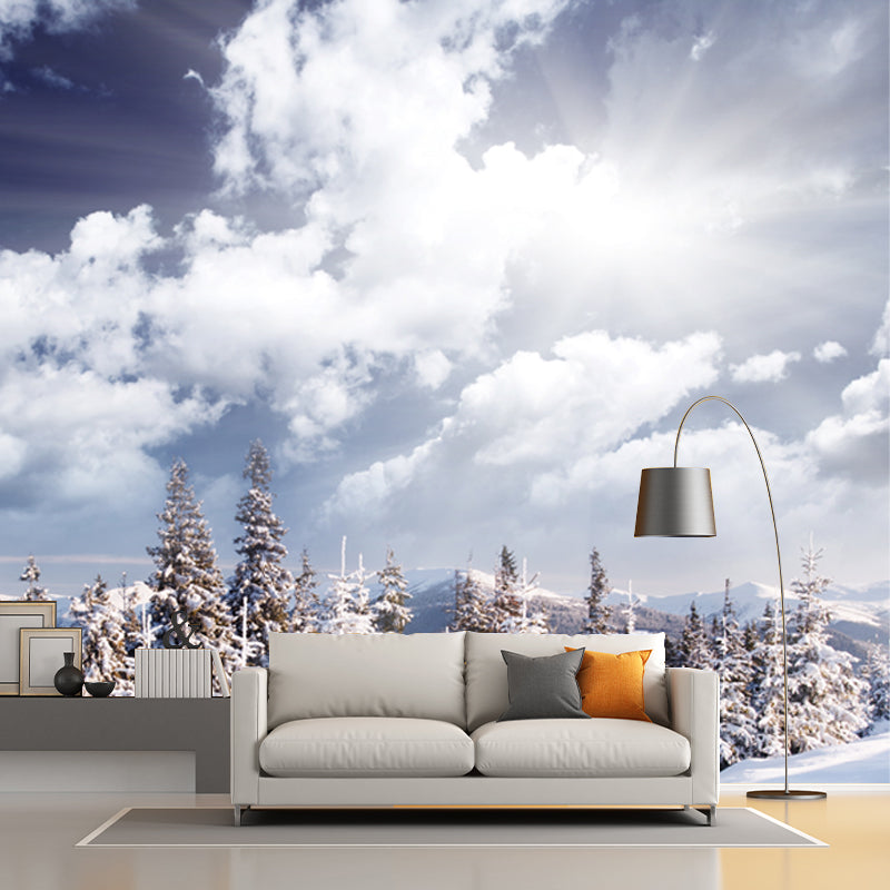 White Nordic Wallpaper Mural Huge Snowy Road with Cypress Wall Decor for Living Room