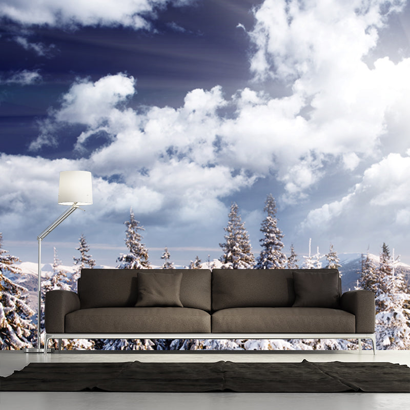 White Nordic Wallpaper Mural Huge Snowy Road with Cypress Wall Decor for Living Room