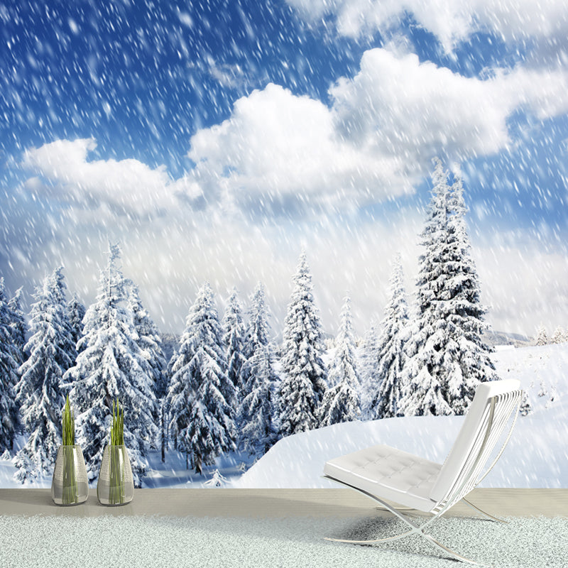 Large Snowing at Cypress Mural Stain-Resistant Modern Living Room Wall Covering, Blue