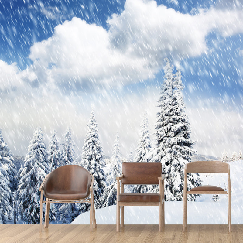 Large Snowing at Cypress Mural Stain-Resistant Modern Living Room Wall Covering, Blue
