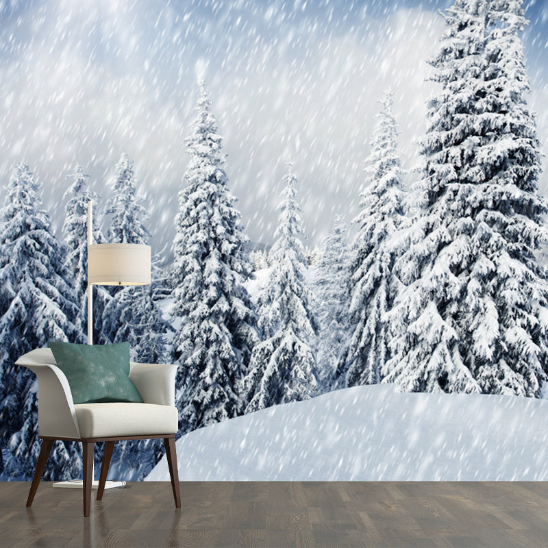 Cypress Winter Snowing Scenery Mural Modern Non-Woven Material Wall Decor in White