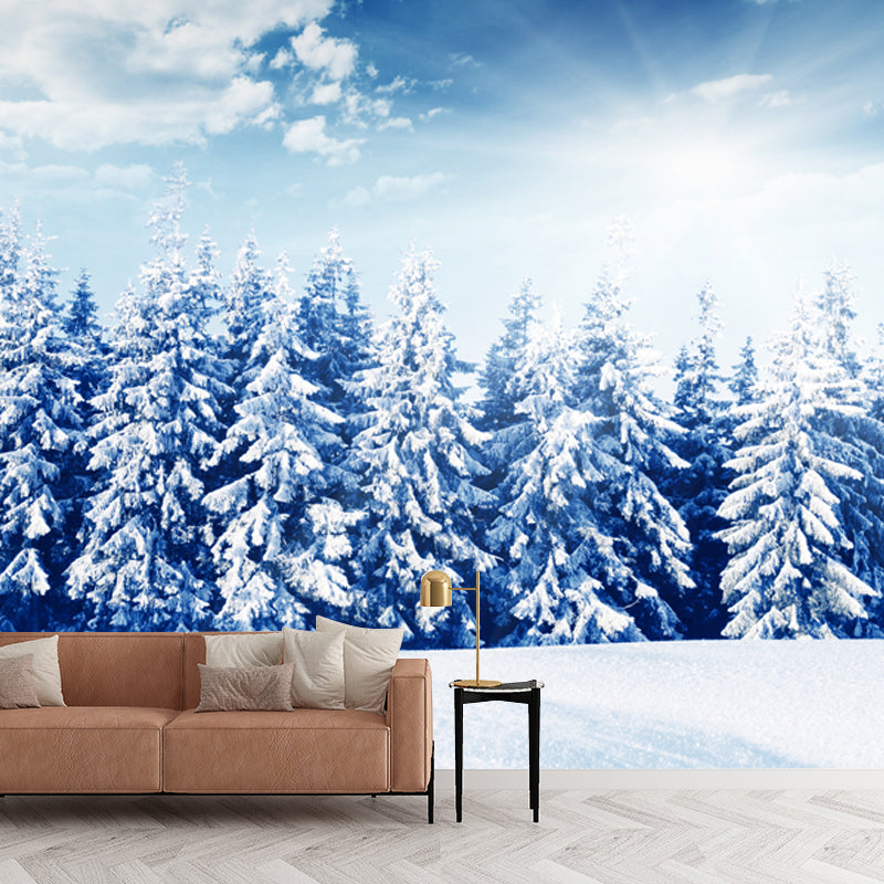 Blue Snowy Pine Trees Mural Decal Moisture Resistant Nordic Living Room Wall Art
