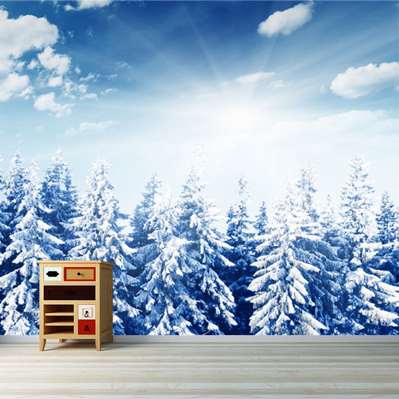 Blue Snowy Pine Trees Mural Decal Moisture Resistant Nordic Living Room Wall Art