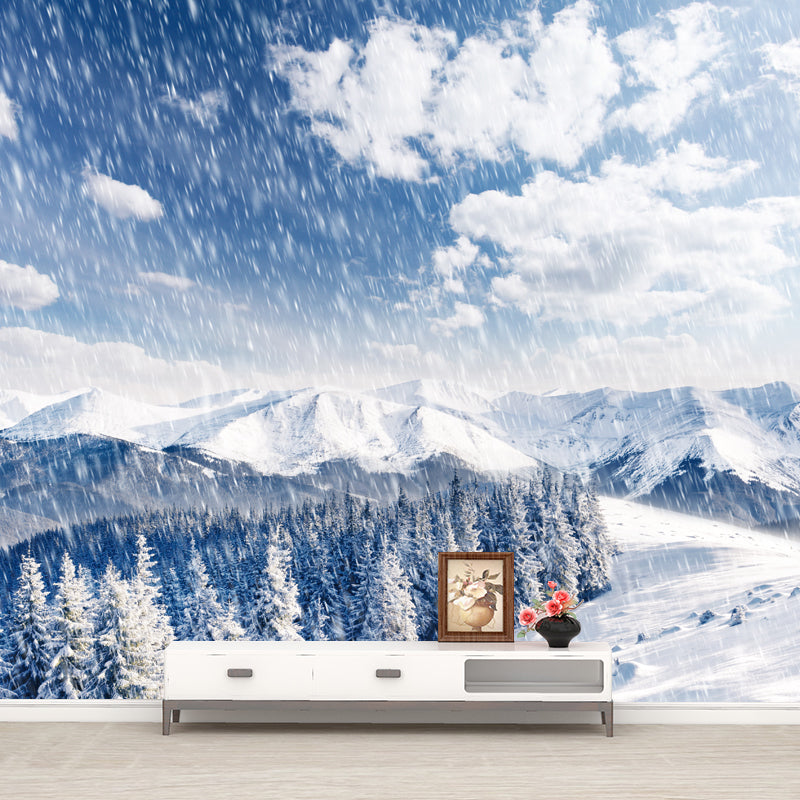 Photography Snowing Mountain Mural Wallpaper for Living Room, White, Personalized Size