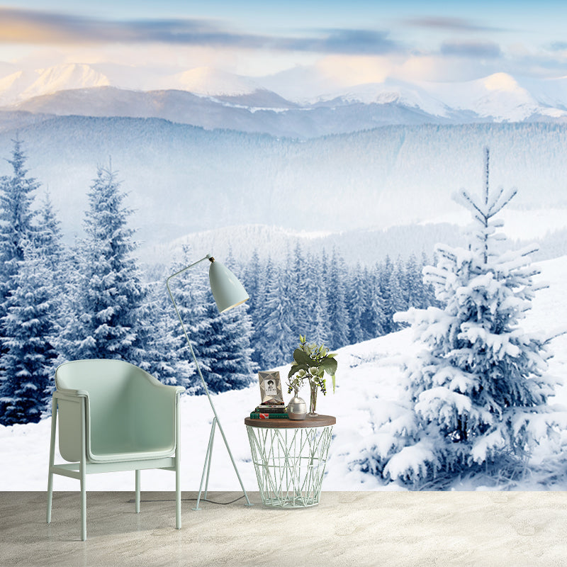 White Snow Scenery Mural Wallpaper Cypress with Rime Modern Washable Wall Covering