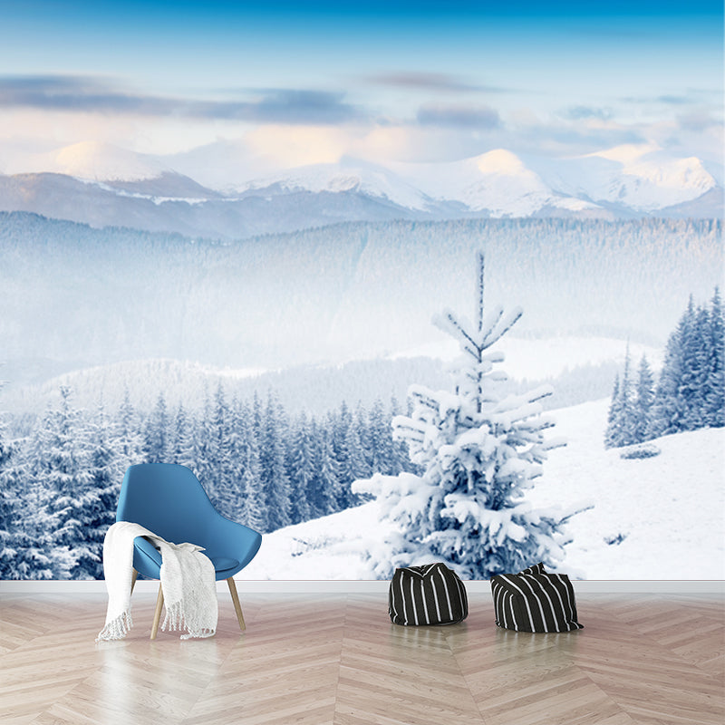 White Snow Scenery Mural Wallpaper Cypress with Rime Modern Washable Wall Covering