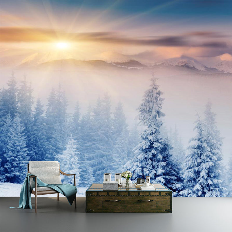 Modern Sunrise Snowy Cypress Mural Non-Woven Moisture Resistant Blue Wall Decor for Bedroom