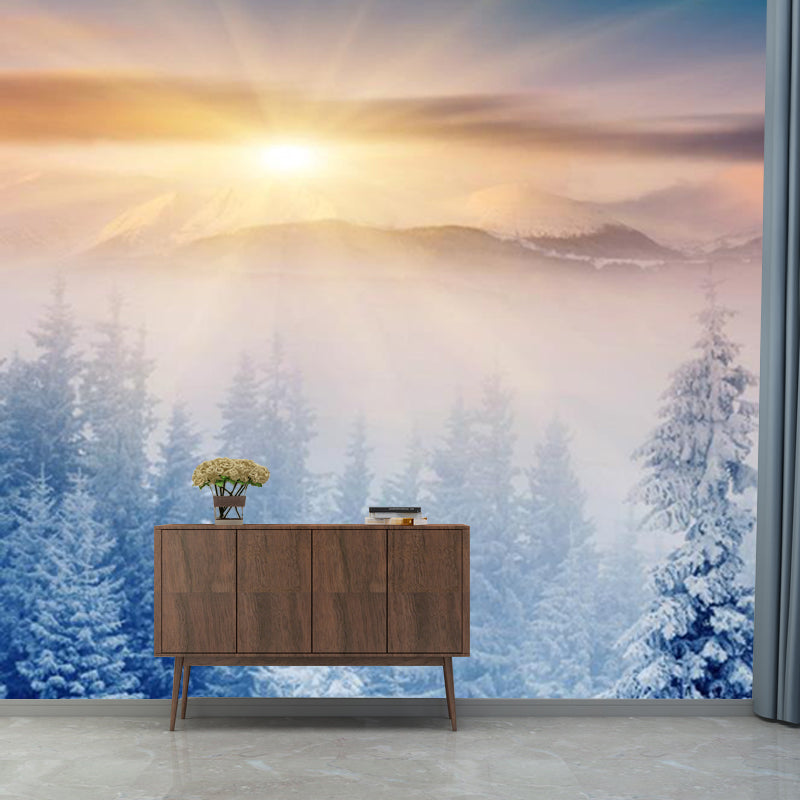 Modern Sunrise Snowy Cypress Mural Non-Woven Moisture Resistant Blue Wall Decor for Bedroom