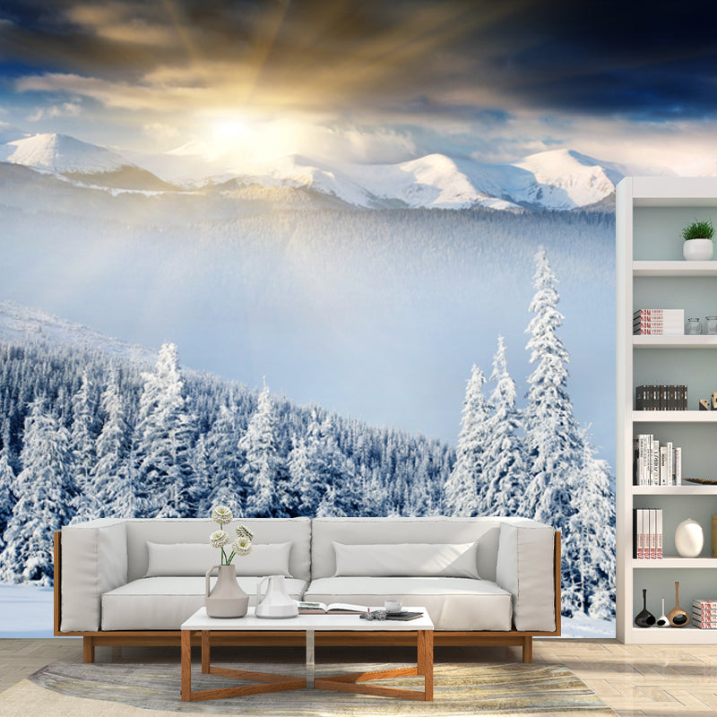 Morning Snowy Landscape Wall Mural Decal White Contemporary Wall Art for Bedroom