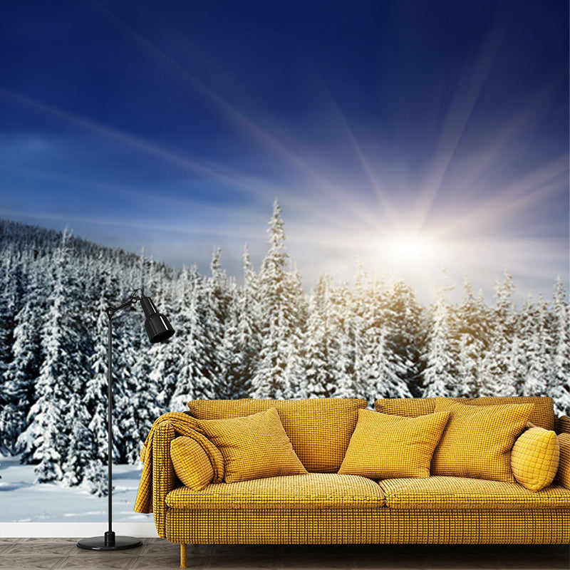 Big Sunburst Winter Forest Mural Blue Non-Woven Fabric Wall Covering, Waterproof, Made to Measure