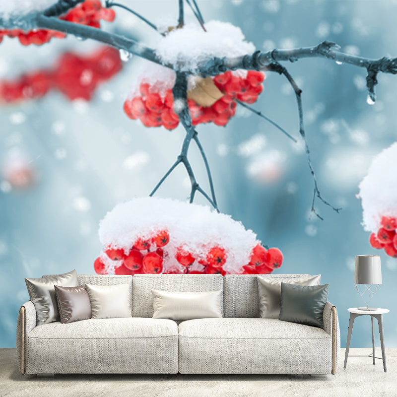 Blue-Red Modern Wallpaper Mural Whole Cherry-Like Fruit Covered with Snow Wall Decor for Home