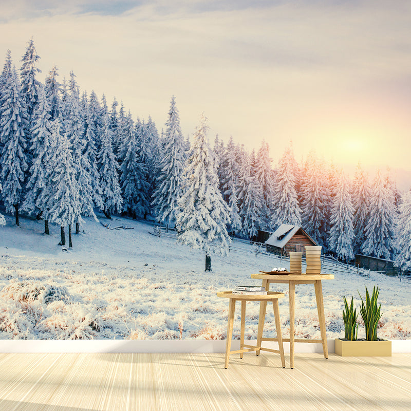 Whole Snow Mountainside Cabin Mural Brown Non-Woven Wall Covering, Washable, Custom Size