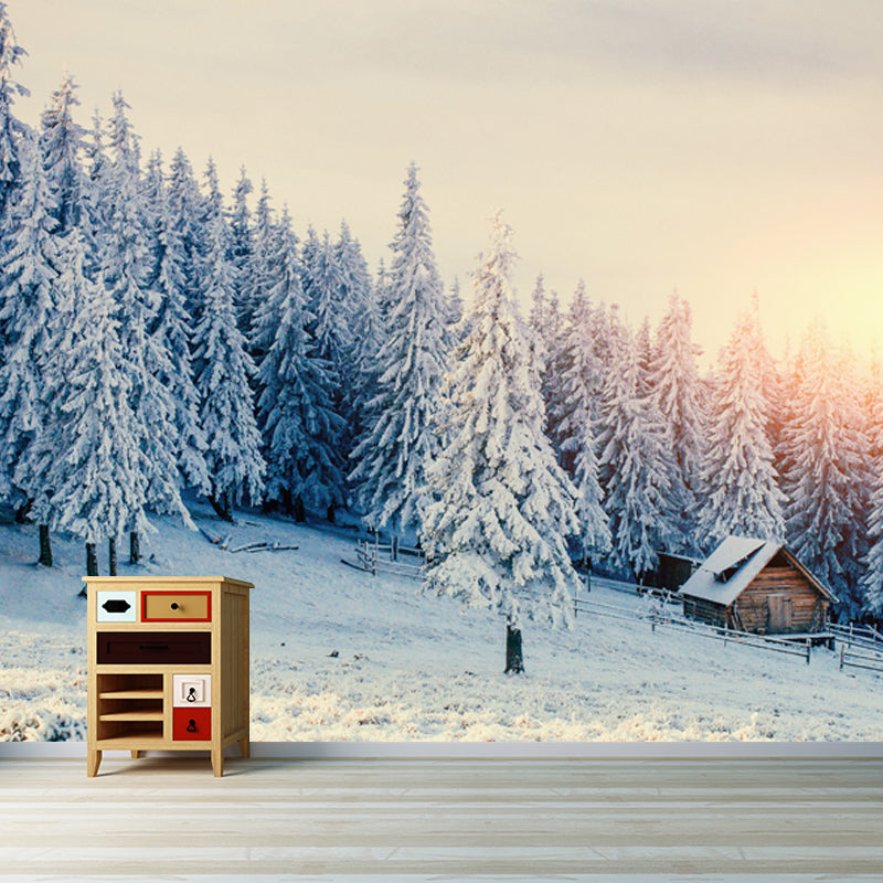 Whole Snow Mountainside Cabin Mural Brown Non-Woven Wall Covering, Washable, Custom Size