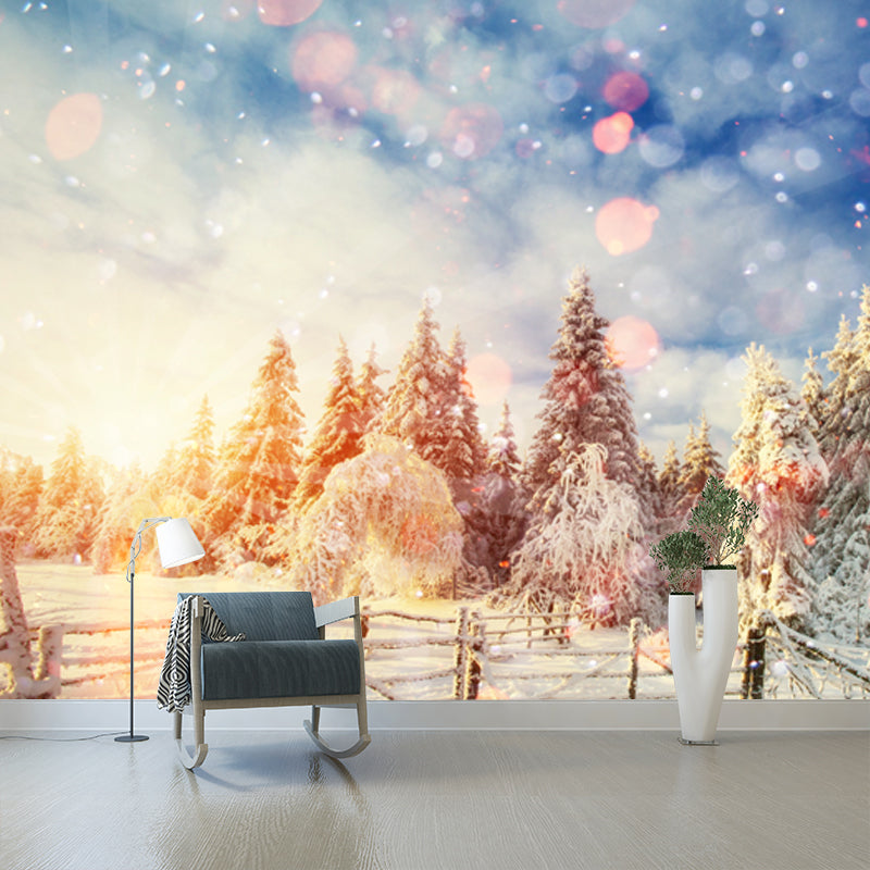 Full Size Modern Mural Decal Brown Snow Scene with Morning Sunlight Wall Covering, Custom Made