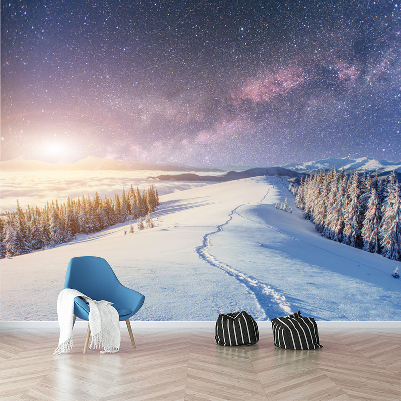 Big Snowy Cypress Road Mural Stain-Resistant Nordic Living Room Wall Art in Blue