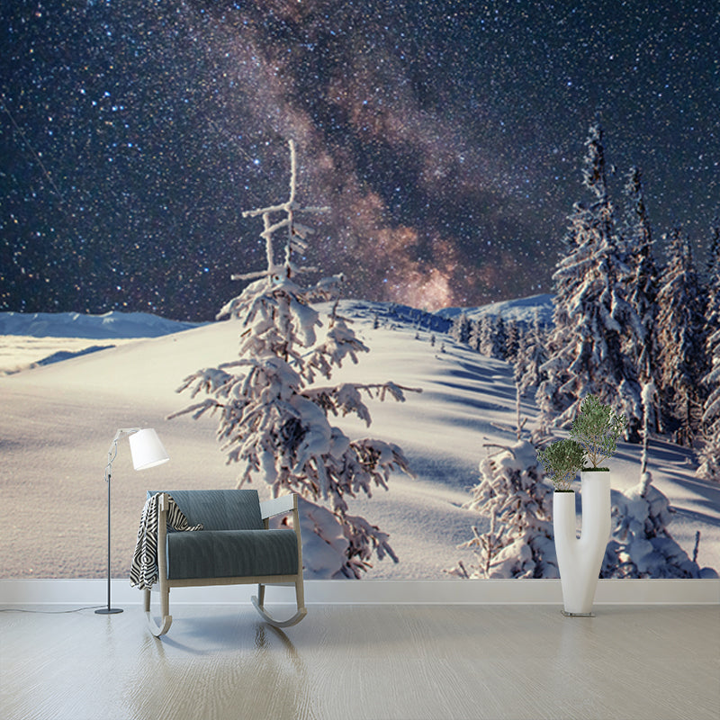 Nordic Milky Way Wallpaper Mural Grey Snowy Cypress Landscape Wall Decor for Home