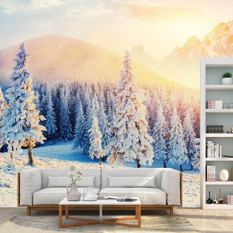 Sunshine on Snowy Cypress Mural Brown Modern Style Wall Covering for Living Room