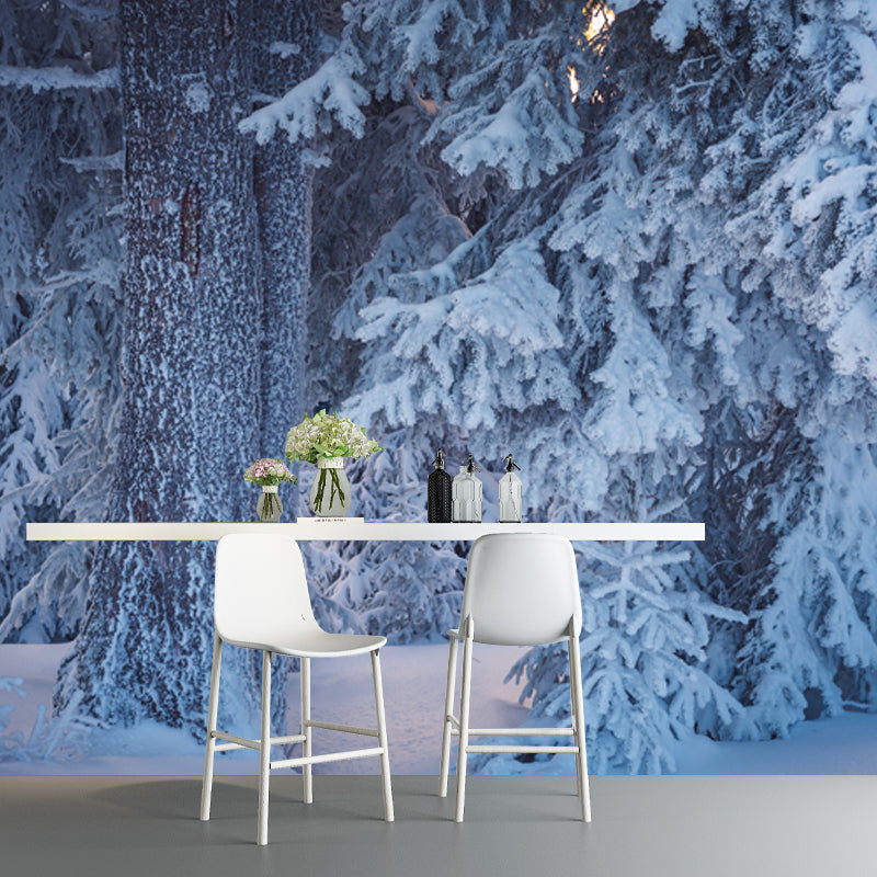 White Modern Mural Wallpaper Big Bottom Part of Snowy Cypress Wall Decor for Home