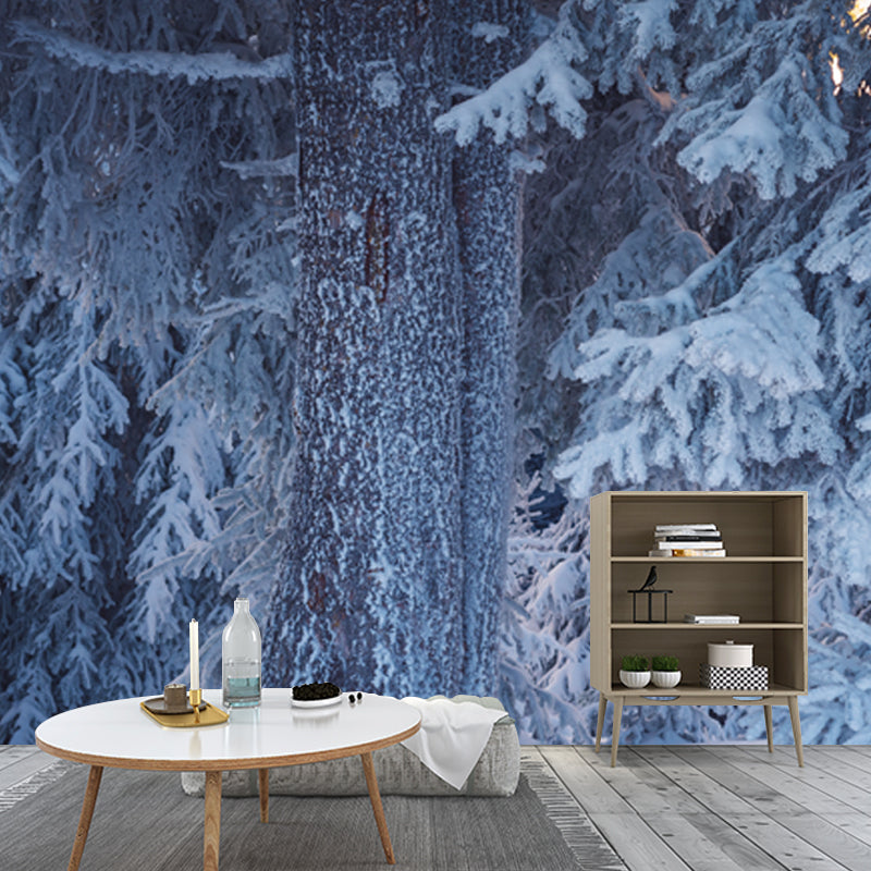 White Modern Mural Wallpaper Big Bottom Part of Snowy Cypress Wall Decor for Home