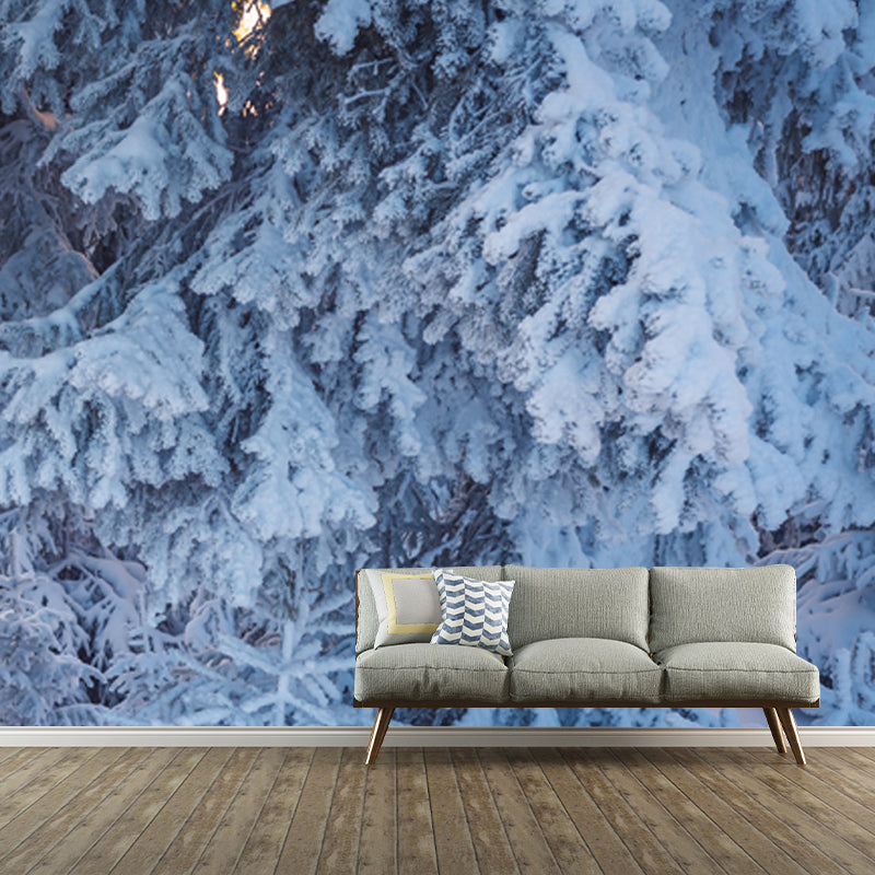 White Modern Mural Wallpaper Big Bottom Part of Snowy Cypress Wall Decor for Home