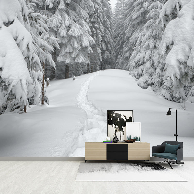 Smooth Whole White Mural Modern Road Across Snowy Cypress Wall Covering, Custom Size