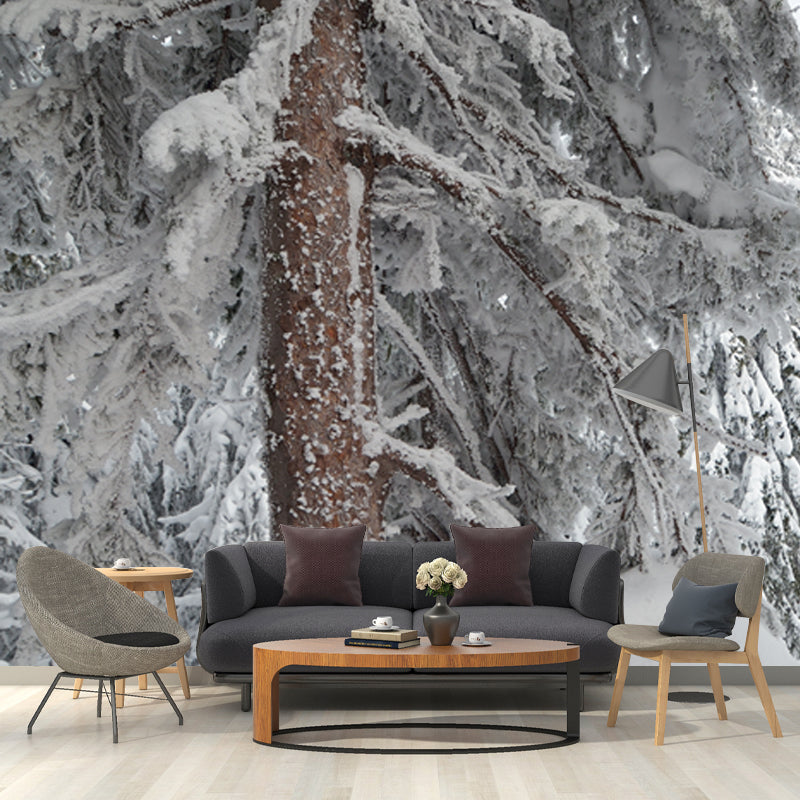 Cypress Forest after Snowfall Mural Grey Scandinavian Wall Covering for Accent Wall